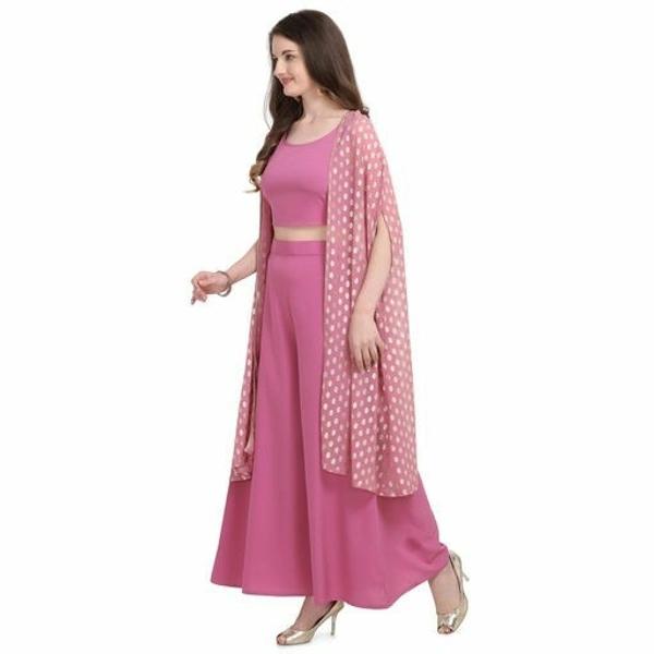 Women's Crepe Shrug Kurta Set with PalazzosKurta Fabric: Crepe - M (Bust Size: 38 in, Bottom Waist Size: 30 in, Bottom Hip Size: 33 in, Bottom Length Size: 34 in) , Pink