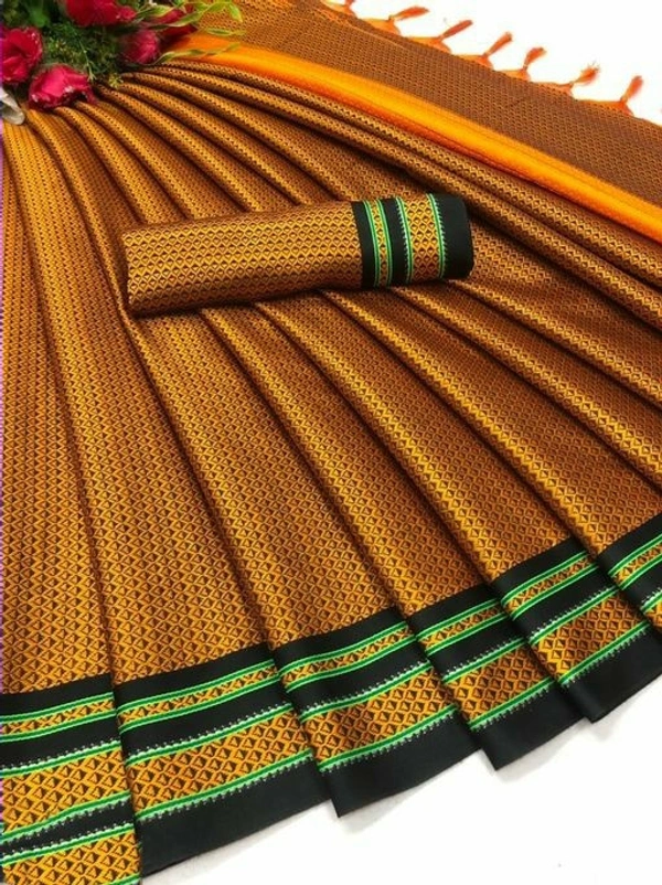 Petite SareesSaree Fabric: Cotton SilkBlouse - Gold, Free Size (Saree Length Size: 5.4 m, Blouse Length Size: 0.8 m)