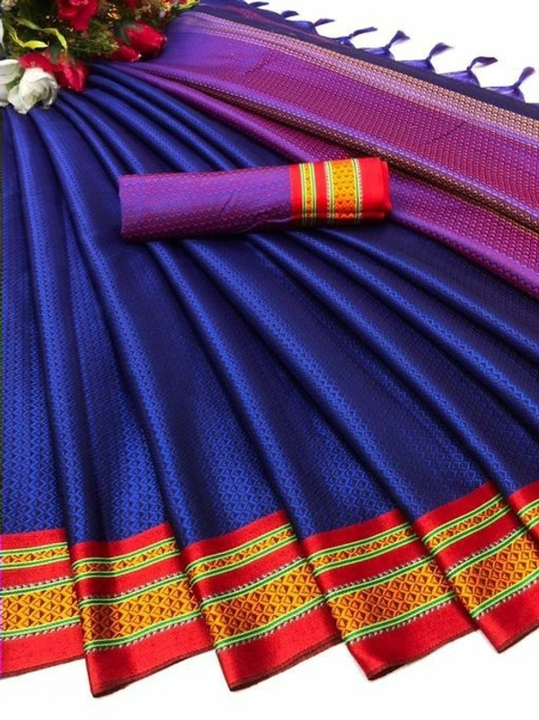Petite SareesSaree Fabric: Cotton SilkBlouse - Blue, Free Size (Saree Length Size: 5.4 m, Blouse Length Size: 0.8 m)