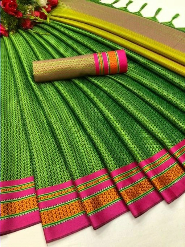 Petite SareesSaree Fabric: Cotton SilkBlouse - Green, Free Size (Saree Length Size: 5.4 m, Blouse Length Size: 0.8 m)