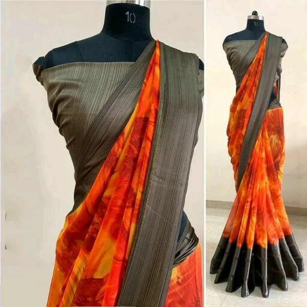 Georgette satin patta Printed Saree With Blouse - Orange, Free Size (Saree Length Size: 5.5 m, Blouse Length Size: 0.8 m)