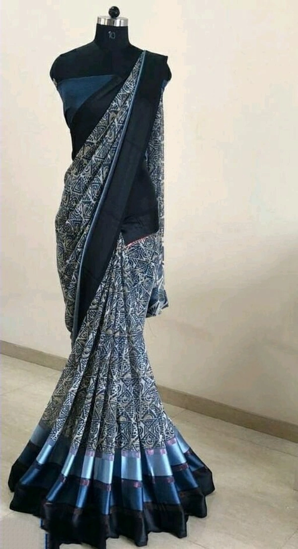 Georgette satin patta Printed Saree With Blouse - Gray, Free Size (Saree Length Size: 5.5 m, Blouse Length Size: 0.8 m)