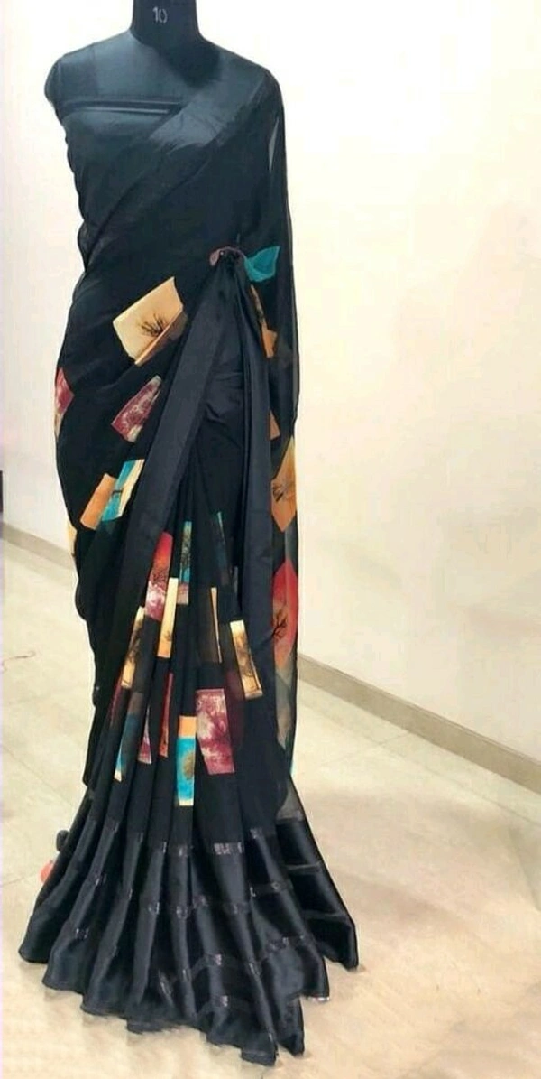 Georgette satin patta Printed Saree With Blouse - Free Size (Saree Length Size: 5.4 m, Blouse Length Size: 0.8 m), Black Multicolor