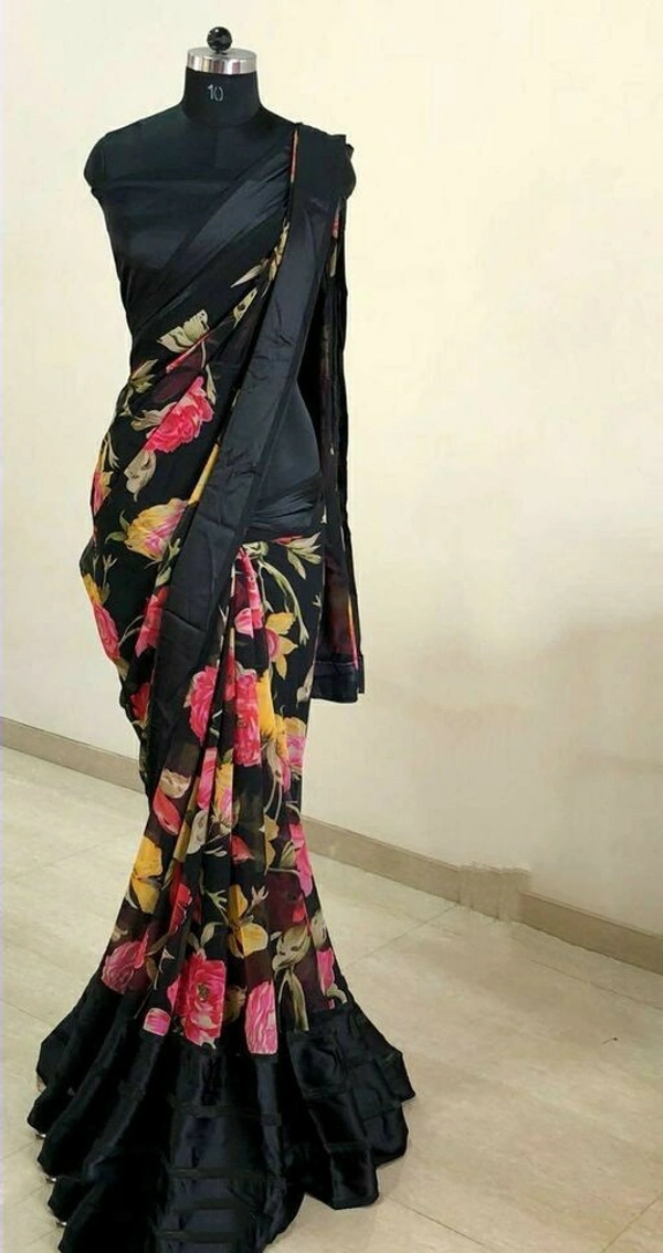 Georgette satin patta Printed Saree With Blouse - Free Size (Saree Length Size: 5.4 m, Blouse Length Size: 0.8 m), Black