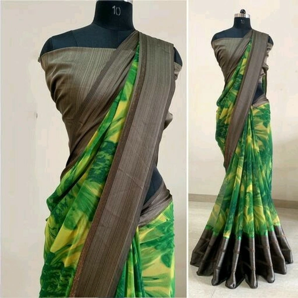 Georgette satin patta Printed Saree With Blouse - Free Size (Saree Length Size: 5.4 m, Blouse Length Size: 0.8 m), Olive