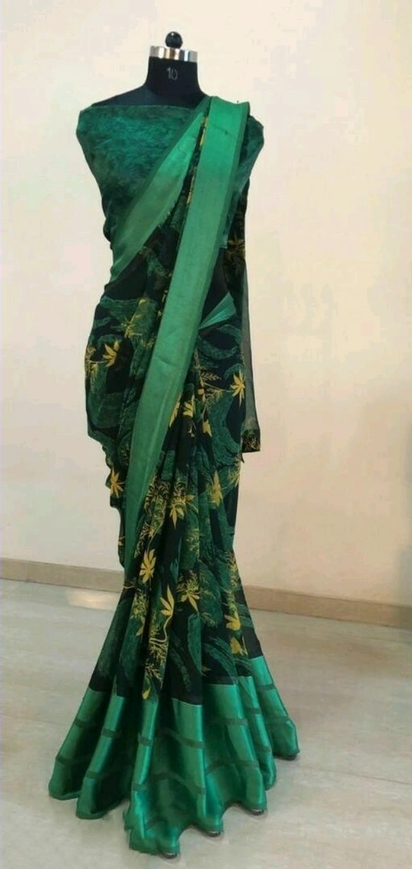 Georgette satin patta Printed Saree With Blouse - Free Size (Saree Length Size: 5.4 m, Blouse Length Size: 0.8 m), Green