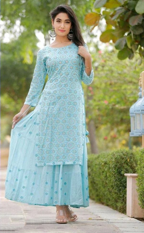 Women's Printed Rayon Kurti In Three-Quarter Sleeves - XXXL (Bust Size: 46 in Size Length: 52 in), Light Cyan