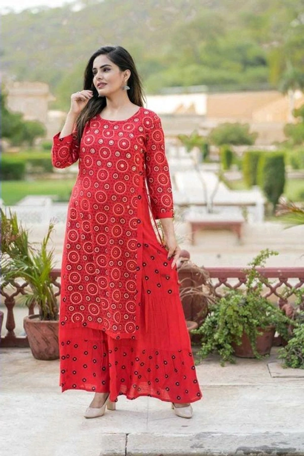 Women's Printed Rayon Kurti In Three-Quarter Sleeves - Red, M (Bust Size: 38 in Size Length: 52 in)