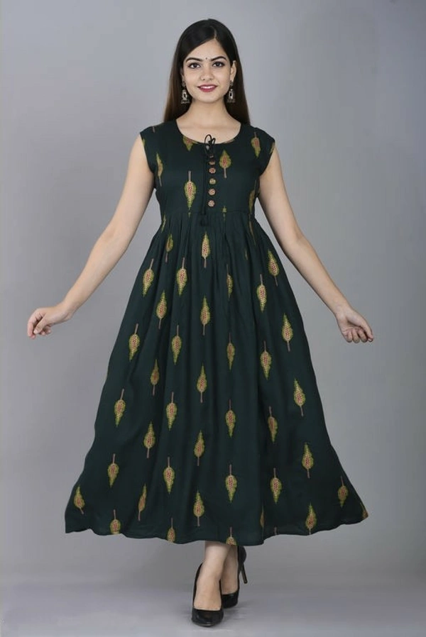 Women's Printed Rayon Anarkali Kurti Fabric Rayon - Green, XXL (Bust Size: 44 in)