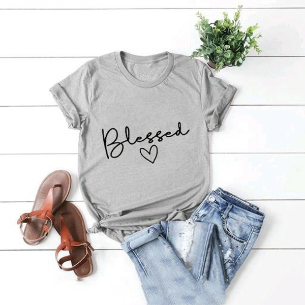 Printed Women Round Neck Gray T-Shirt - S (Bust Size: 36 in, Length Size: 26 in), Gray