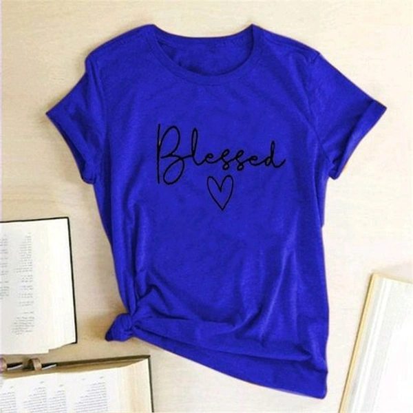Printed Women Round Neck Indogo T-Shirt - XL (Bust Size: 42 in, Length Size: 26 in), Indigo
