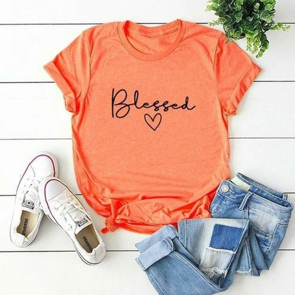 Printed Women Round Neck Orange T-Shirt - M (Bust Size: 38 in, Length Size: 26 in), Orange