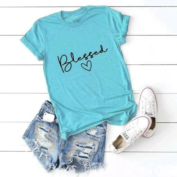 Printed Women Round Neck Aqua T-Shirt - S (Bust Size: 36 in, Length Size: 26 in), AQUA