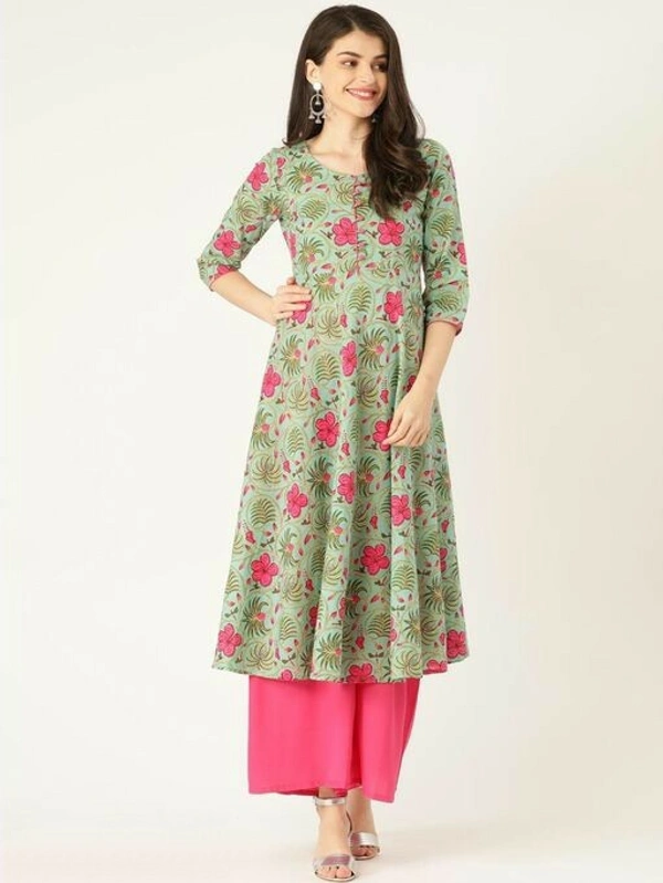 Women Printed Cotton Floral Kurta - L, Olive