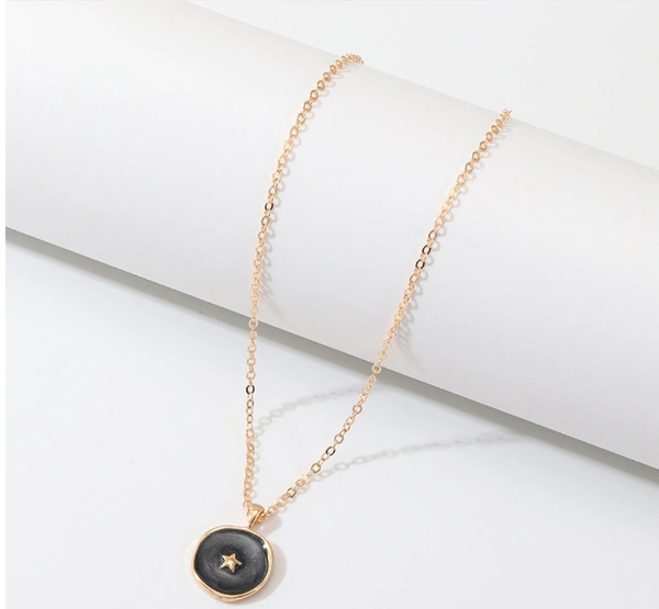 Moon and star décor irregular round charm necklace  - Black 