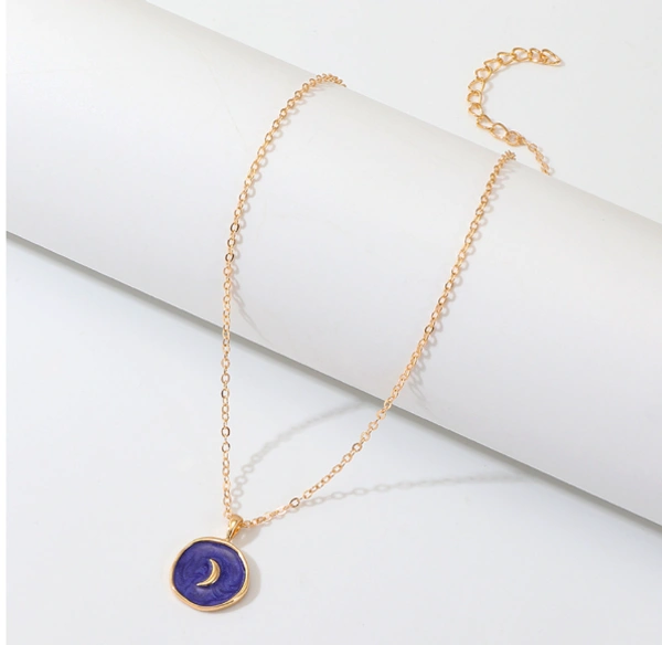 Moon and star décor irregular round charm necklace  - Blue