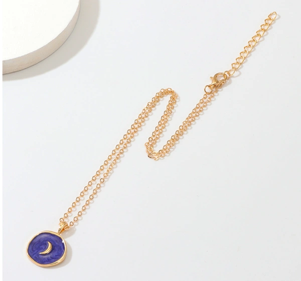 Moon and star décor irregular round charm necklace  - Blue