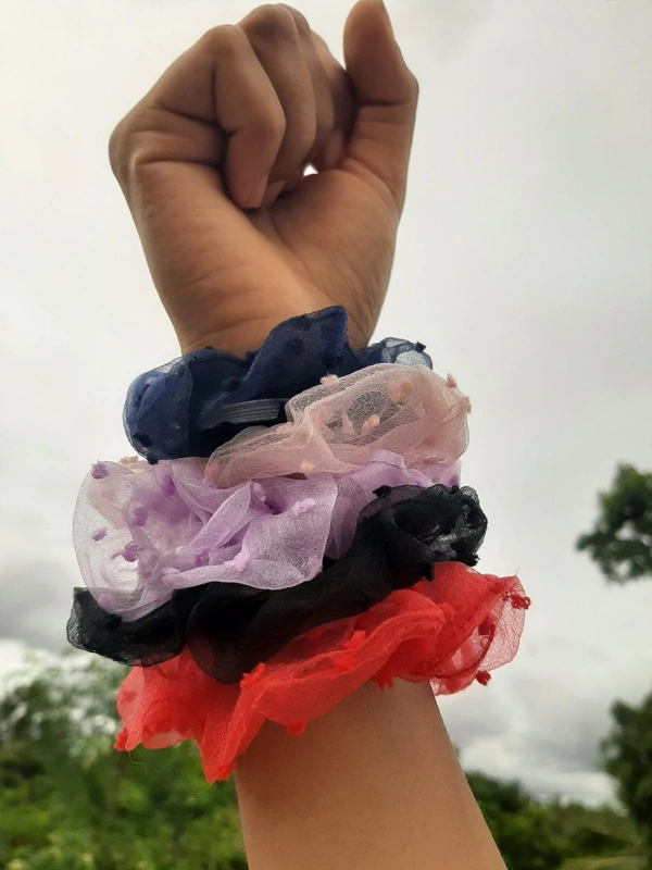 Organza Scrunchies with Embroidery-pack Of 5