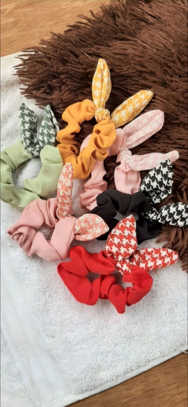 Scrunchie With Bunny Set Of 6  - Red , Olive Green , Pink , Coral , Black , Mustartd Yellow