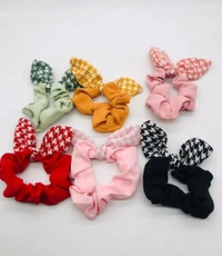 Scrunchie With Bunny Set Of 6  - Red , Olive Green , Pink , Coral , Black , Mustartd Yellow