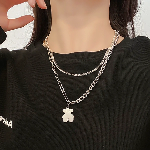 Double Layer Teddy Stainless Steel Neck chain  - Silver