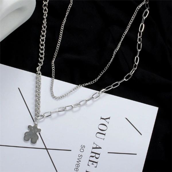 Double Layer Teddy Stainless Steel Neck chain  - Silver