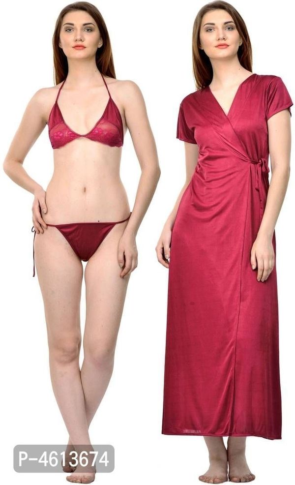 Aimee Trades Comfortable Solid Satin 1 Bra & 1 Panty & 1 Robe Set ( Free Size )* - Multicoloured, Free Size(Waist - 26.0 - 32.0 inches) 