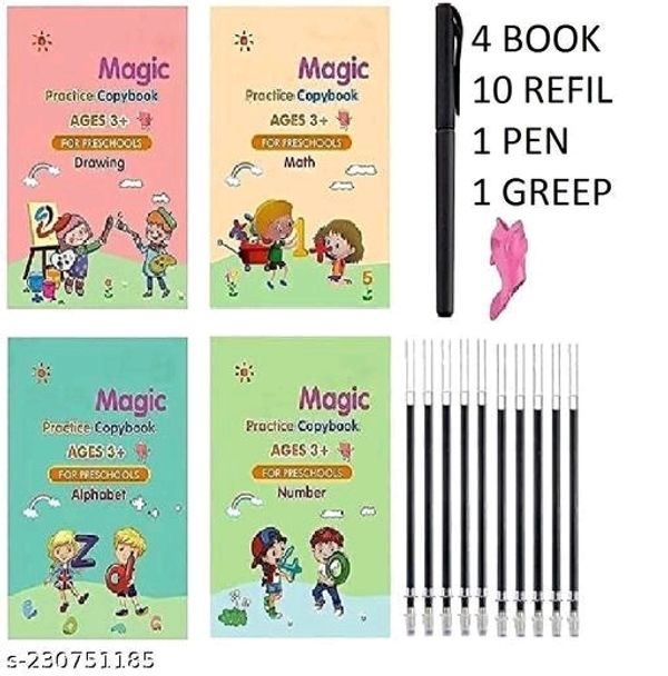 Magic Practice Copy Book for Pre-School Kids, Re-Usable Drawing, Alphabet,  Numbers and Math Exercise , English Magic Book for Children (4 book +10  rifil +1 pen + 1 gripholder