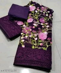 Woman's Net Lastest Embroider Work Saree With Unstiched Blouse Piece