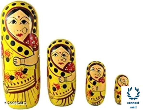 Tradational Hand Painted Wooden Rajasthani  Doll 10 Inches Set Of 4  Green Colour Showpiece  For Living Room Home Decor!! - Yellow