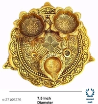 Pooja Thali With 3 DiyasFor Home Temple Office Fabolus  Idols - Golden Yellow, Metal