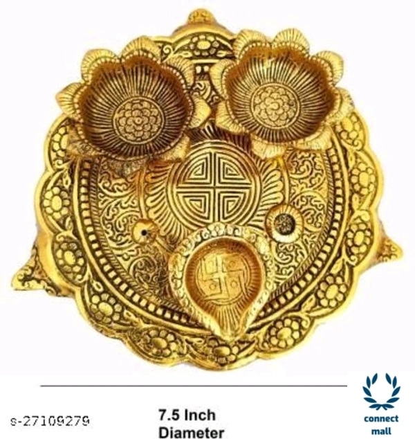 Pooja Thali With 3 DiyasFor Home Temple Office Fabolus  Idols - Golden Yellow, Metal