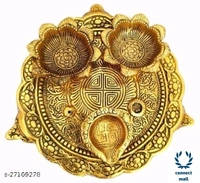 Pooja Thali With 3 DiyasFor Home Temple Office Fabolus  Idols - Golden Yellow, Metal