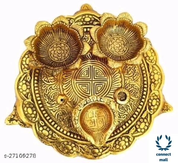Pooja Thali With 3 DiyasFor Home Temple Office Fabolus  Idols - Golden Yellow, Metal