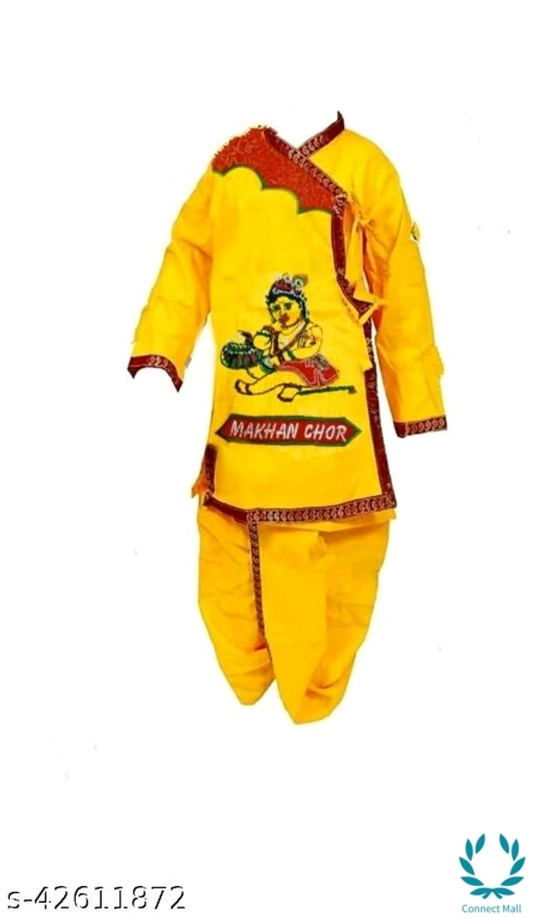 Kids Cotton Fabric  Dhoti Kurti Ready To Wear Krishna Costume Without Duppatta For The Age 0 To 16 Yrs Children With Jewellery  Set Of 9 - 0-1Yrs, Yellow, Cotton