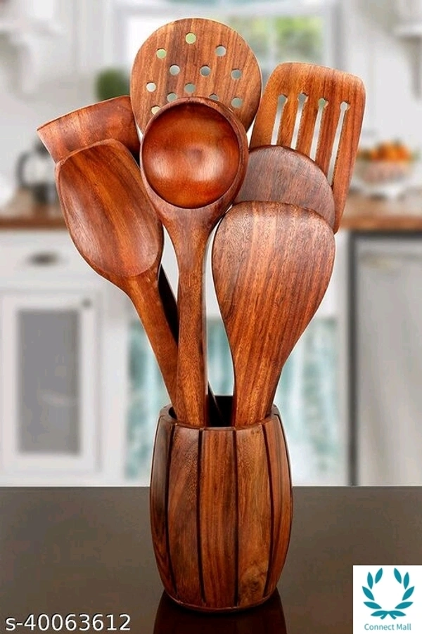 New Wooden Cooking Spoon Set Of 7 Spoon With Stand