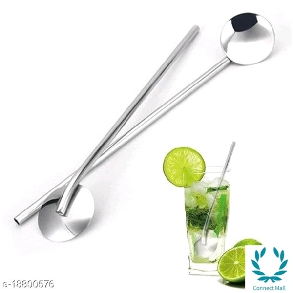 Stainless Steel Straw With Spoon & Cleaning Brush - Set 4