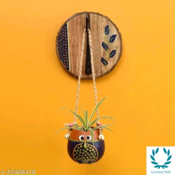 Blue Brown Earthen Planter On Round Wooden Hook - Terracotta, 1 Pc