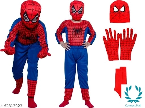 Spiderman Constume Nylon Set Of 5 - Top Bottom Shocks Mask & Gloves - 3 - 4 Years