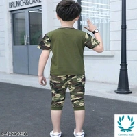 Hopscotch Boys Poly Cotton and Polyester Como  Printed T-Shirt and Short Capri in Green Color  - 8 - 9 Years
