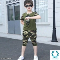 Hopscotch Boys Poly Cotton and Polyester Como  Printed T-Shirt and Short Capri in Green Color  - 8 - 9 Years