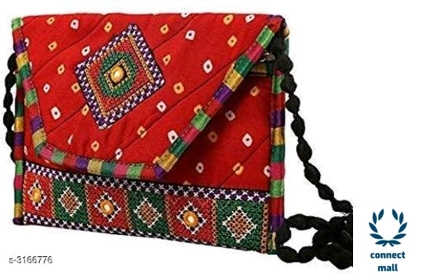 Ethnic Handbag - Red, Fabric Cotton, 9 inch ×6 inch