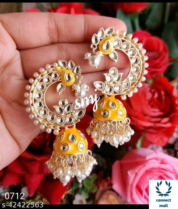 Meenakri Punchi Kundan Earing - Yellow, Alloy