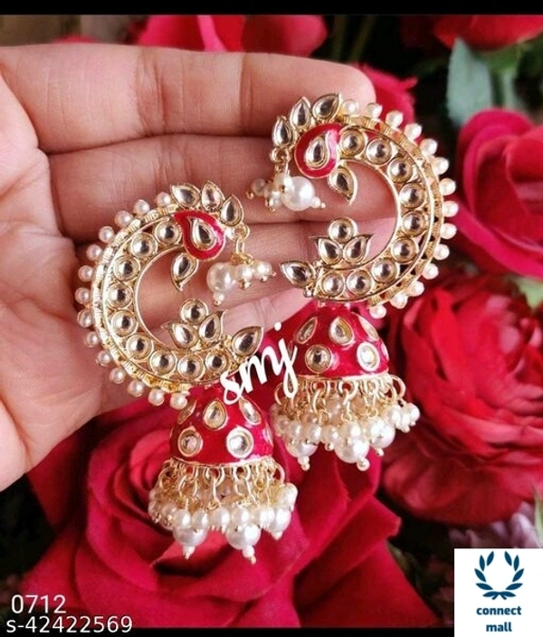 Meenakri Punchi Kundan Earing - Red, Alloy