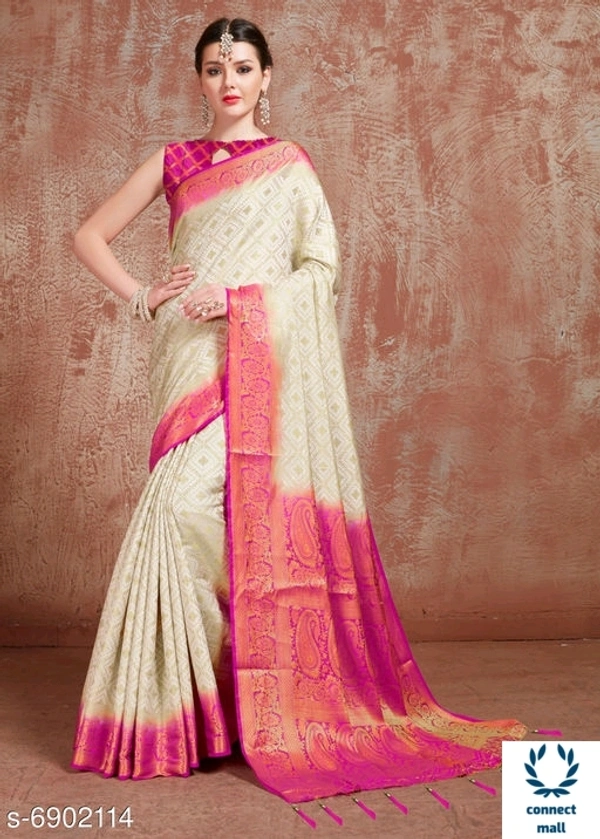 Trendy Kanjivaram  Silk Sarees with Running Blouse - 6.3 meter, Cream & Pink, Silk