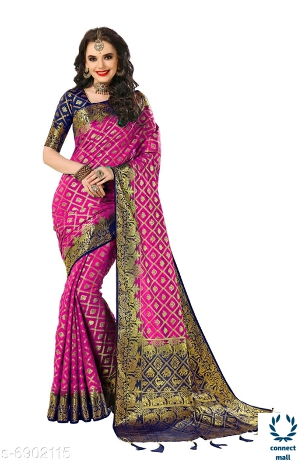 Trendy Kanjivaram  Silk Sarees with Running Blouse - 6.3 meter, Black and Pink, Silk, 1