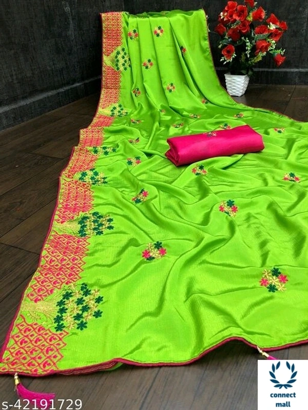 Beautiful Embroidery Satin Silk Sare - Green & Orange, Turkey Satin Silk , 1 , Saree length size5.5 m, Blouse Length 0.5m