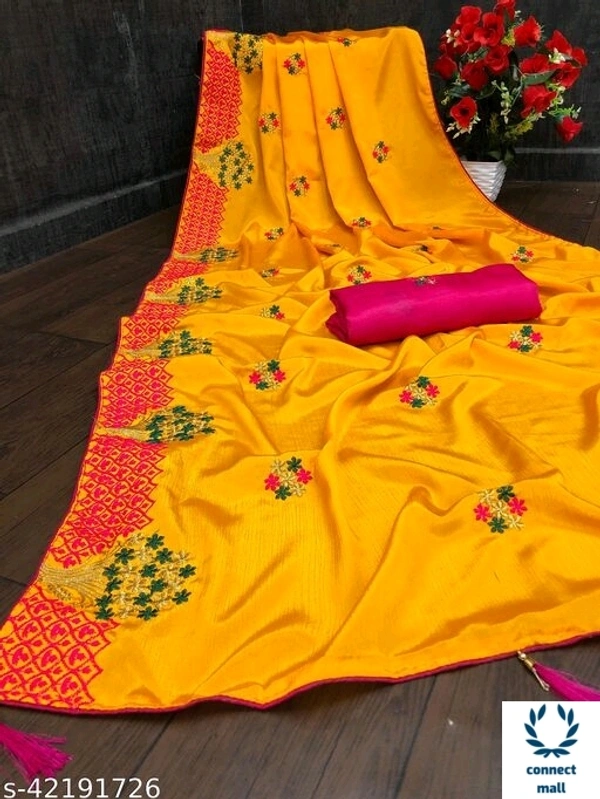 Beautiful Embroidery Satin Silk Sare - Yellow & Red , 1, Sarees Length size5.5 m , Blouse Length Size  0.5m, Turkey Satin silk