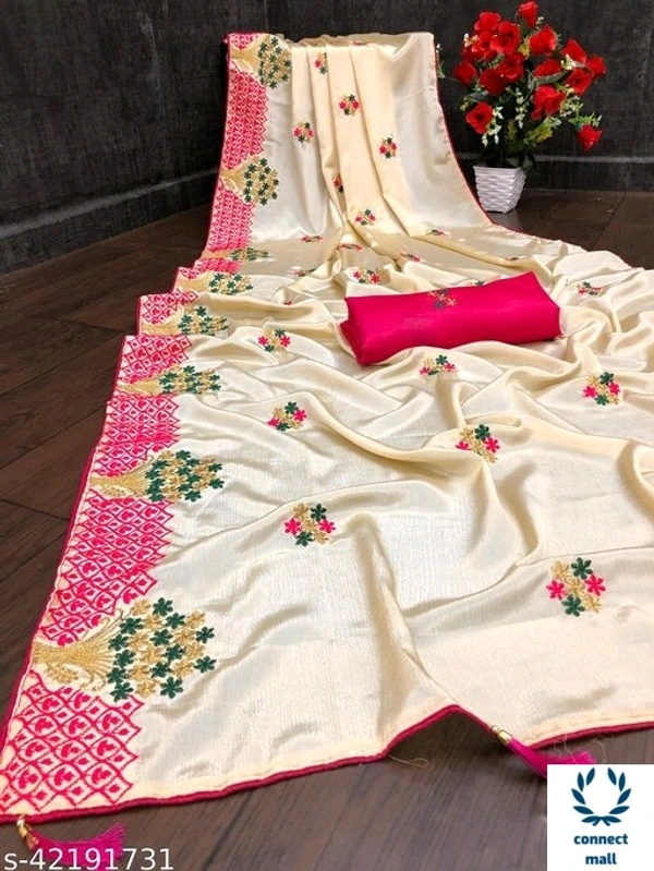 Beautiful Embroidery Satin Silk Sare - 1, saree Length size5.5 m, Blouse Length Size 0.5m, Cream &Pink, Turkey Satin silk