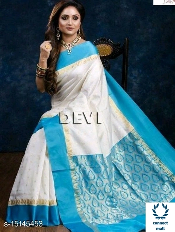 Semi Kanjivaram Silk Saree - White & Sky Blue, Kanjivaram , 1